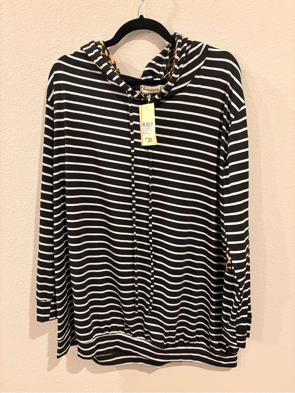 Striped Hooded Pullover with Leopard Trim - Black/White